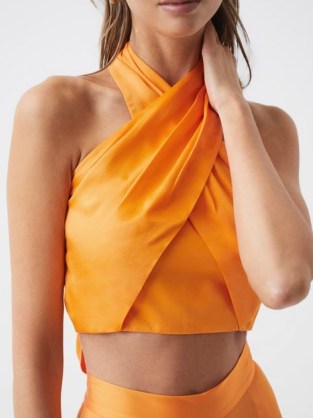 REISS RUBY CROPPED HALTER OCCASION TOP ORANGE / cross front halterneck tops / crop hem / alluring evening occasion clothes - flipped