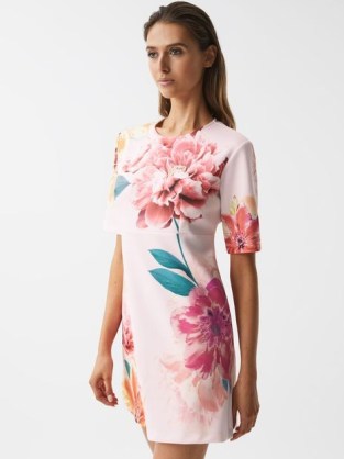 Reiss TORY FLORAL PRINTED MINI SHIFT DRESS PINK – short sleeved crew neck occasion dresses – bold flower prints - flipped