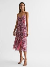 REISS PIPPA FLORAL PRINTED MIDI DRESS PINK / skinny shoulder strap occasion dresses / feminine spring event clothes 2023