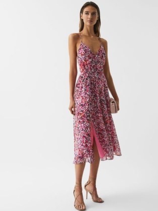 REISS PIPPA FLORAL PRINTED MIDI DRESS PINK / skinny shoulder strap occasion dresses / feminine spring event clothes 2023 - flipped