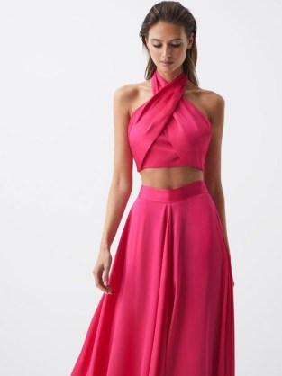 REISS RUBY CROPPED HALTER OCCASION TOP PINK ~ halterneck crop tops ~ alluring evening occasion fashion - flipped