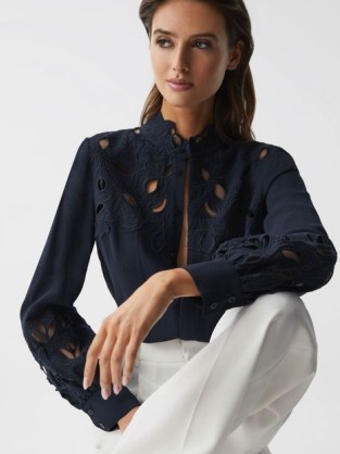 REISS SOPHIE LACE DETAIL SHIRT BLOUSE NAVY ~ dark blue cut out detail blouses ~ sophisticated looks - flipped
