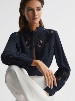 REISS SOPHIE LACE DETAIL SHIRT BLOUSE NAVY ~ dark blue cut out detail blouses ~ sophisticated looks