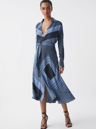 Reiss TALIA PRINTED SPLICED MIDI DRESS BLUE – fluid geometric print wrap dresses – geo prints – tie waist - flipped