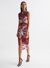 Reiss VEGA FLORAL PRINTED BODYCON MIDI DRESS in BERRY – sleeveless fitted front slit occasion dresses