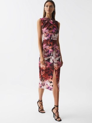 Reiss VEGA FLORAL PRINTED BODYCON MIDI DRESS in BERRY – sleeveless fitted front slit occasion dresses - flipped