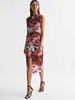 Reiss VEGA FLORAL PRINTED BODYCON MIDI DRESS in BERRY – sleeveless fitted front slit occasion dresses