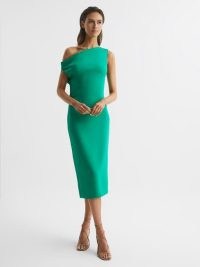REISS ZARIA OFF-SHOULDER BODYCON MIDI DRESS GREEN ~ chic asymmetric neckline occasion dresses