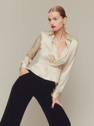 Reformation Rennes Silk Top in Ivory – silky long sleeved collared tops – luxe fashion – wrap style front – ruched details - flipped