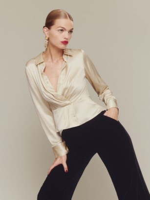 Reformation Rennes Silk Top in Ivory – silky long sleeved collared tops – luxe fashion – wrap style front – ruched details