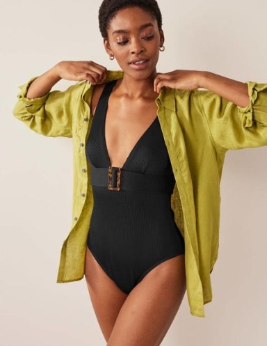 Boden Resin Buckle V-neck Swimsuit in Black | deep plunge front swimsuits - flipped