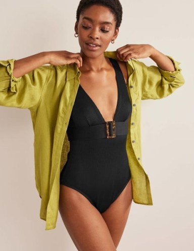 Boden Resin Buckle V-neck Swimsuit in Black | deep plunge front swimsuits
