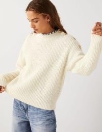 Boden Ribbed Button Shoulder Jumper in Warm Ivory / womens fluffy ribbed knit jumpers