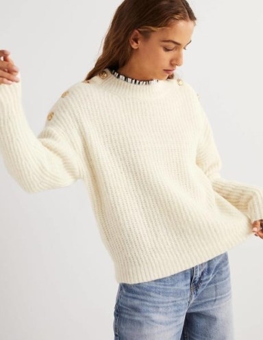 Boden Ribbed Button Shoulder Jumper in Warm Ivory / womens fluffy ribbed knit jumpers - flipped