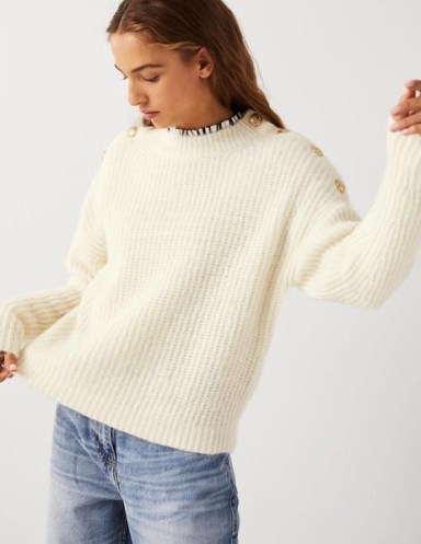 Boden Ribbed Button Shoulder Jumper in Warm Ivory / womens fluffy ribbed knit jumpers