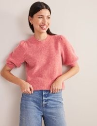 Boden Ribbed Fluffy Tee in Faded Rose / womens pink puff sleeve jumper / women’s feminine knitted tops / pretty puffed sleeved jumpers