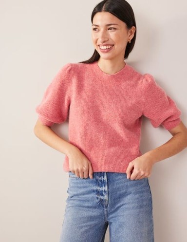 Boden Ribbed Fluffy Tee in Faded Rose / womens pink puff sleeve jumper / women’s feminine knitted tops / pretty puffed sleeved jumpers - flipped