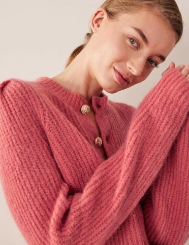 Boden Ribbed Gold Button Cardigan in Faded Rose | women’s fluffy antique pink cardigans - flipped