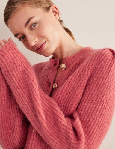 Boden Ribbed Gold Button Cardigan in Faded Rose | women’s fluffy antique pink cardigans