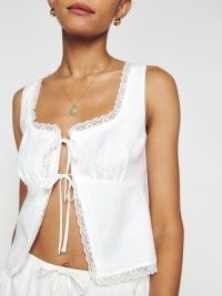 Reformation Rosalie Linen Top in White ~ sleeveless lace timmed tops ~ peasant style camisole