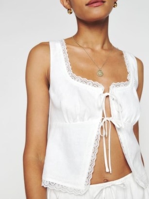 Reformation Rosalie Linen Top in White ~ sleeveless lace timmed tops ~ peasant style camisole - flipped
