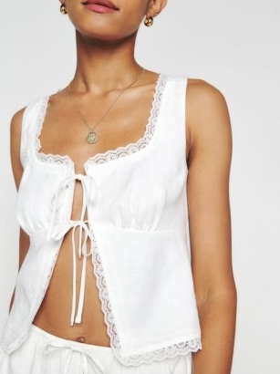 Reformation Rosalie Linen Top in White ~ sleeveless lace timmed tops ~ peasant style camisole