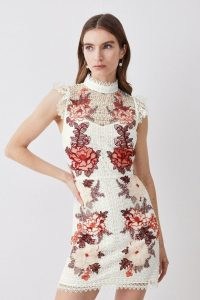 KAREN MILLEN Rose Guipure Lace Embroidered Mini Dress ~ semi sheer floral cut out detail occasion dresses