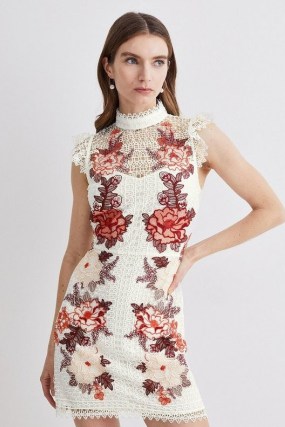 KAREN MILLEN Rose Guipure Lace Embroidered Mini Dress ~ semi sheer floral cut out detail occasion dresses - flipped