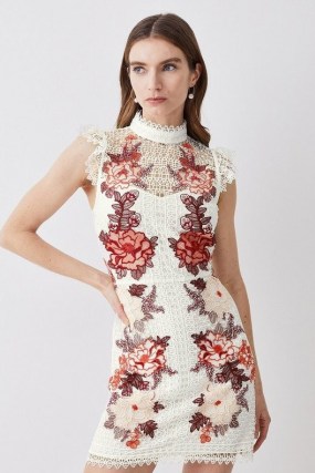 KAREN MILLEN Rose Guipure Lace Embroidered Mini Dress ~ semi sheer floral cut out detail occasion dresses