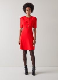 L.K. BENNETT Rosie Red Recycled Crepe Dress – short sleeved dresses – military inspired button detail – vibrant fashion