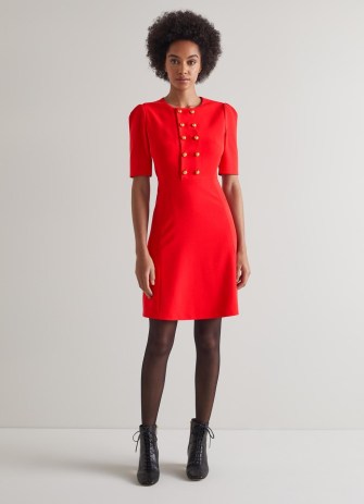 L.K. BENNETT Rosie Red Recycled Crepe Dress – short sleeved dresses – military inspired button detail – vibrant fashion - flipped