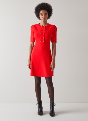 L.K. BENNETT Rosie Red Recycled Crepe Dress – short sleeved dresses – military inspired button detail – vibrant fashion