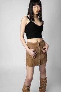 Zadig & Voltaire Jasia Suede Skirt in Ecorce | bark brown scalloped hem mini skirts | 70s style vintage fashion | womens retro clothes