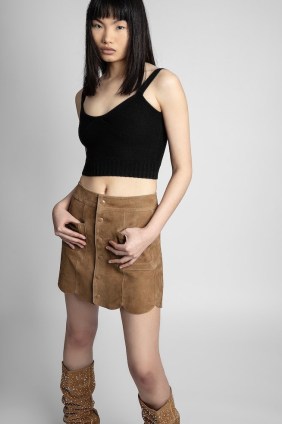 Zadig & Voltaire Jasia Suede Skirt in Ecorce | bark brown scalloped hem mini skirts | 70s style vintage fashion | womens retro clothes - flipped