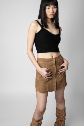 Zadig & Voltaire Jasia Suede Skirt in Ecorce | bark brown scalloped hem mini skirts | 70s style vintage fashion | womens retro clothes