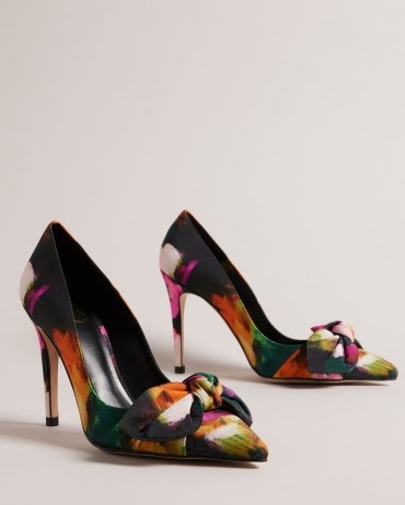 TED BAKER Ryoh Art Print Heeled Court Shoes – multicoloured printed court – front bow evening pumps – high stiletto heels – womens occasion footwear - flipped