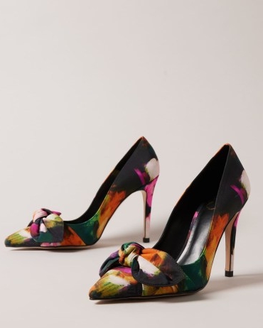 TED BAKER Ryoh Art Print Heeled Court Shoes – multicoloured printed court – front bow evening pumps – high stiletto heels – womens occasion footwear