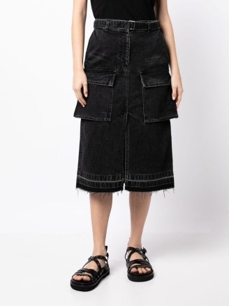 sacai cargo-pocket denim skirt in black | womens frayed hem skirts with large front pockets - flipped