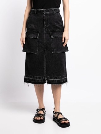 sacai cargo-pocket denim skirt in black | womens frayed hem skirts with large front pockets