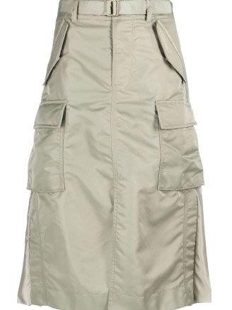 sacai rear-pleated cargo skirt in khaki | A-line pocket detail skirts | utility style fashion - flipped