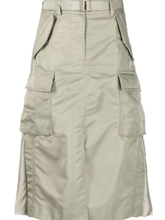 sacai rear-pleated cargo skirt in khaki | A-line pocket detail skirts | utility style fashion