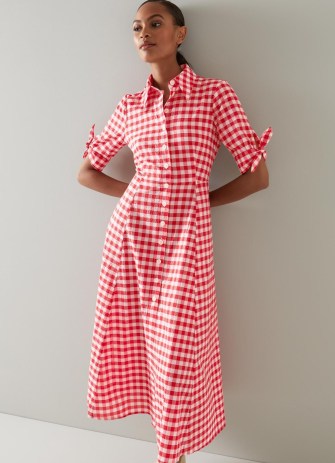 L.K. BENNETT Saffron Red and White Checked Dress – vintage style fit and flare shirt dresses – women’s checked fashion – fresh checks – tie sleeve detail