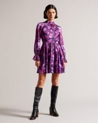 TED BAKER Sammieh High Neck Fit And Flare Mini Dress in Purple ~ long sleeved floral print flared hem dresses