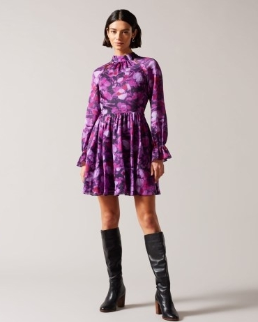 TED BAKER Sammieh High Neck Fit And Flare Mini Dress in Purple ~ long sleeved floral print flared hem dresses - flipped