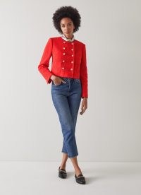 L.K. BENNETT Saskia Red Tweed Jacket – womens bright boxy cropped collarless jackets – gold button detail