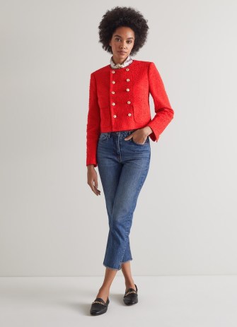 L.K. BENNETT Saskia Red Tweed Jacket – womens bright boxy cropped collarless jackets – gold button detail - flipped