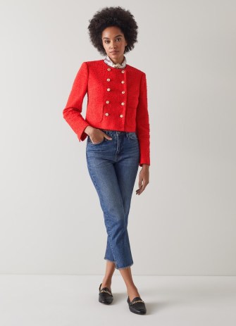 L.K. BENNETT Saskia Red Tweed Jacket – womens bright boxy cropped collarless jackets – gold button detail