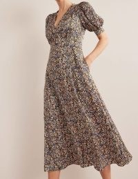 Boden Satin Midi Tea Dress in Multi, Eden Bloom / puff sleeved V-neck fit and flare dresses / floral day fashion