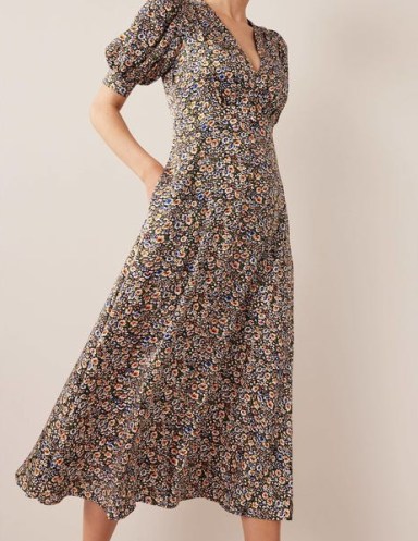 Boden Satin Midi Tea Dress in Multi, Eden Bloom / puff sleeved V-neck fit and flare dresses / floral day fashion - flipped