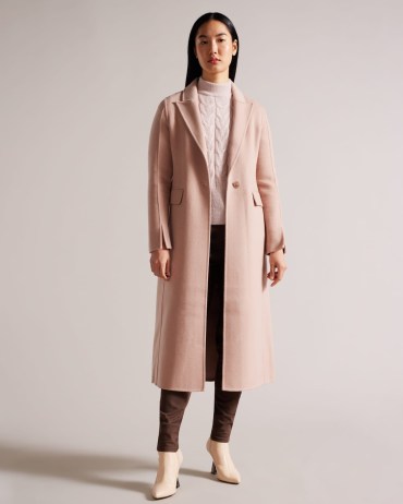 Ted Baker Serinn Wool Blend Longline Coat in Dusky Pink | womens longline split cuff single breasted winter coats | luxe style outerwear